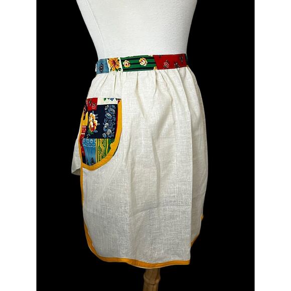 Vintage MCM Half Apron Linen Hostess Pinup Retro Floral - Picture 1 of 6